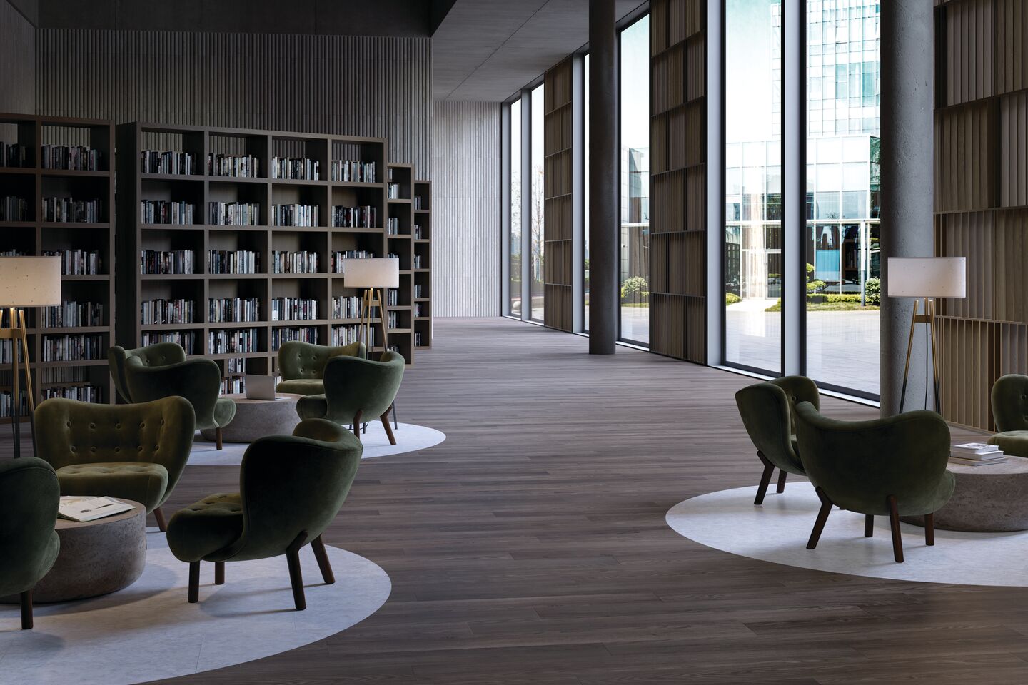 Library area with seating and tall glass window; Nod to Nature dry back LVT flooring