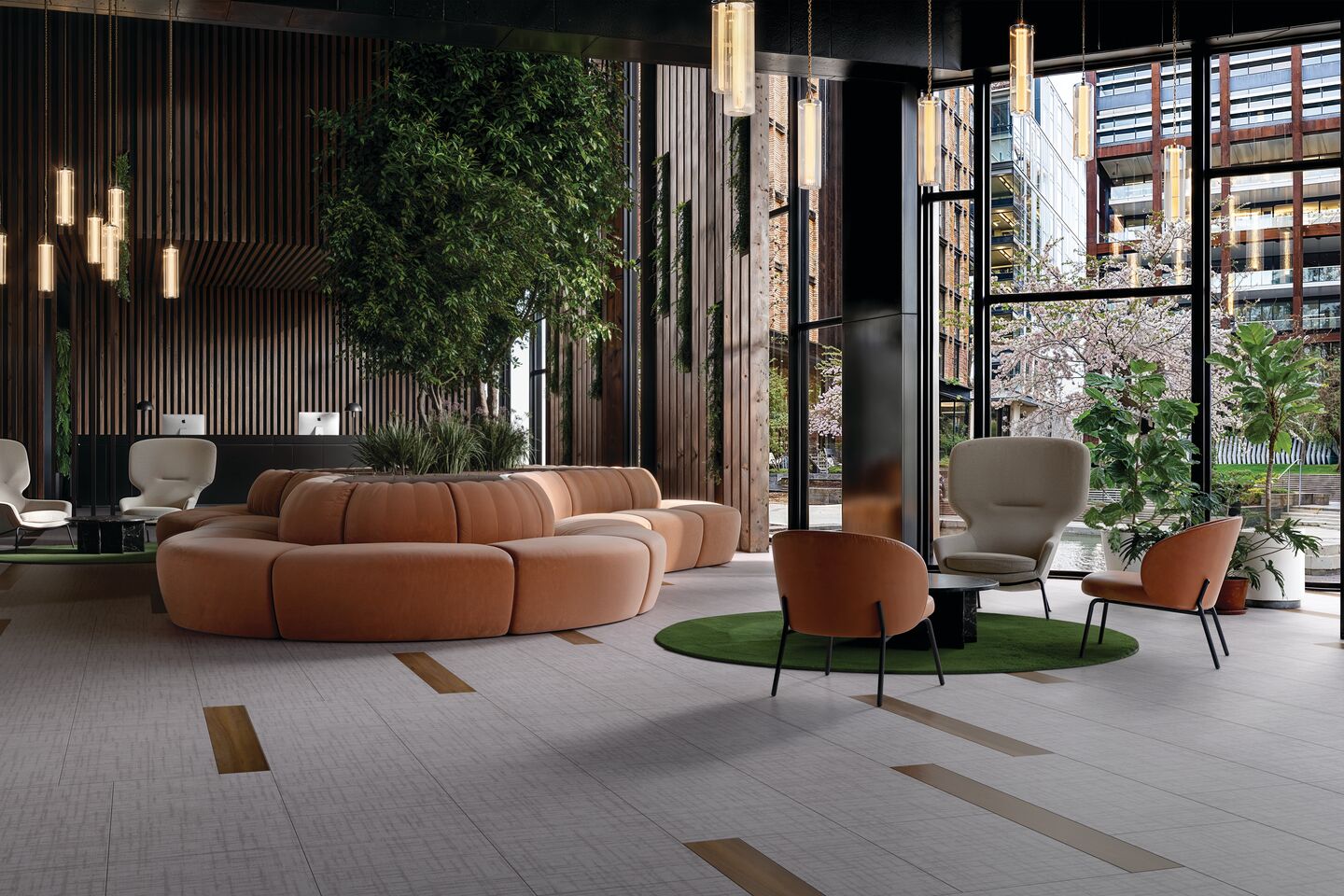 Seating area in a lobby; Commercial LVT flooring.